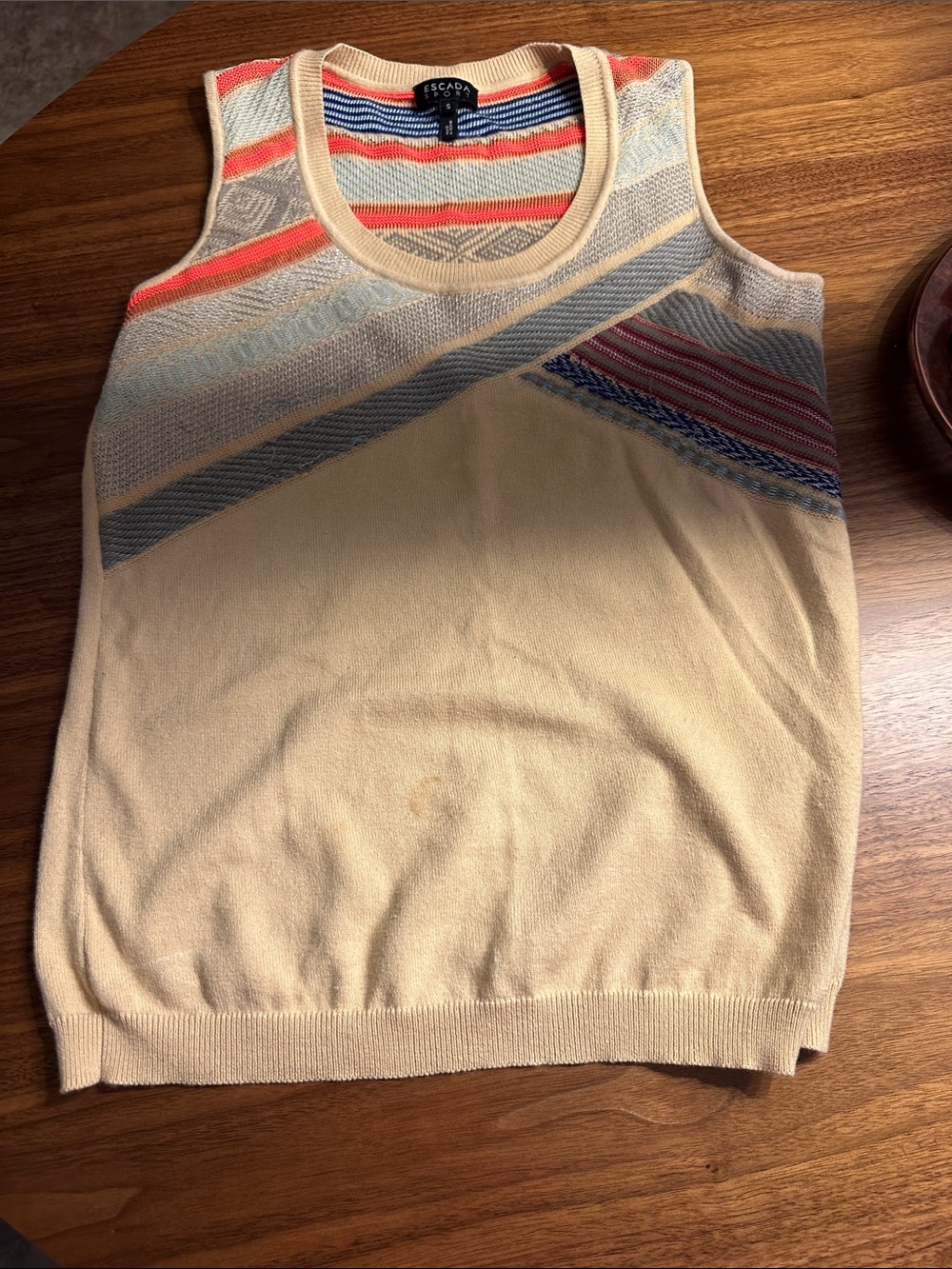 Escada Cream Knit V-Neck Sleeveless Sweater with Multicolor Stripes